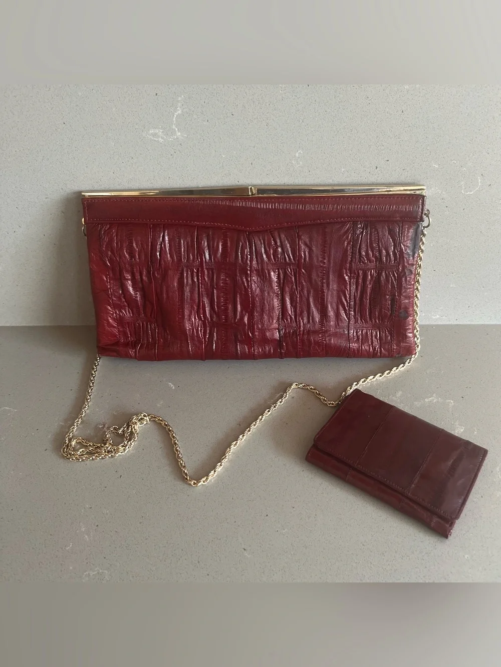 Vintage Genuine Eel Skin Clutch Cocktail Purse Chain Strap Wallet Burgundy Korea